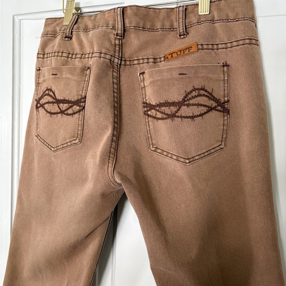 Comfortable Cowgirl Tuff, dark tan jeans, brown barbwire stitching, coin pocket - Picture 3 of 5